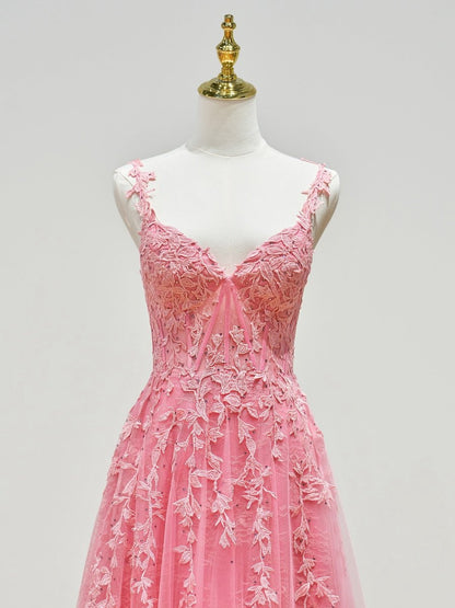 A-line Sweetheart Lace Tulle Prom Dresses with Slit