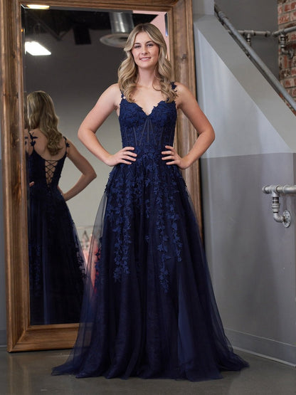A-line Sweetheart Lace Tulle Prom Dresses with Slit