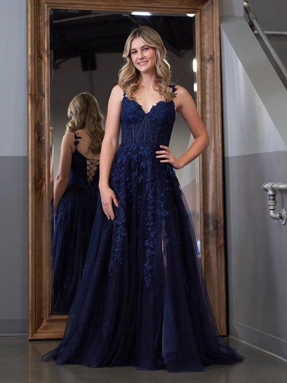 A-line Sweetheart Lace Tulle Prom Dresses with Slit