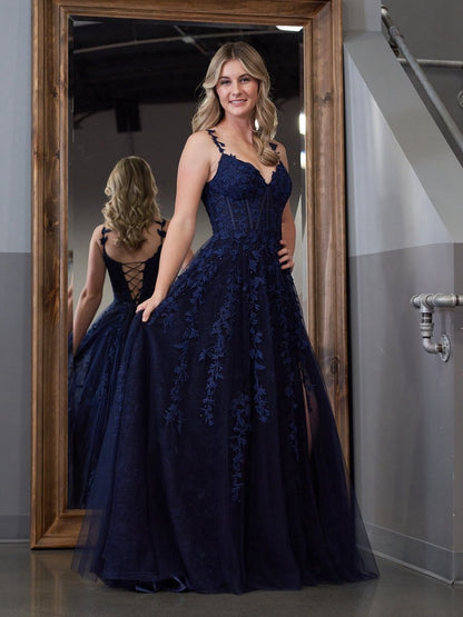 A-line Sweetheart Lace Tulle Prom Dresses with Slit