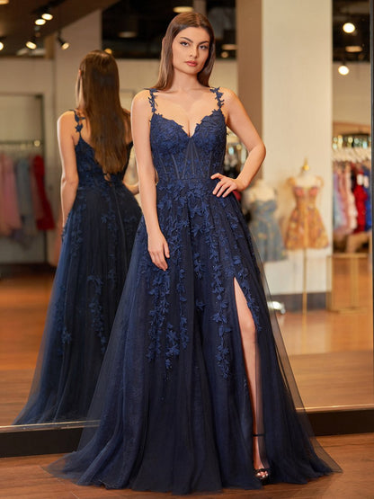 A-line Sweetheart Lace Tulle Prom Dresses with Slit