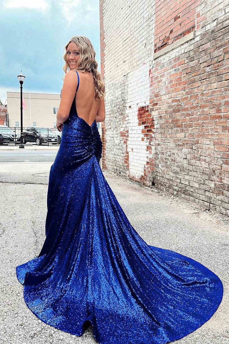 Straps Mermaid Prom Dresses with Slit in Royal Blue