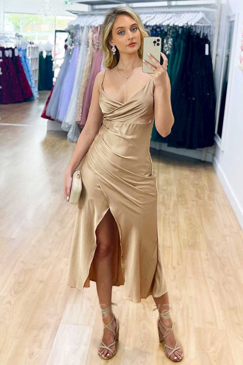 Simple V-Neck Midi Prom Dresses