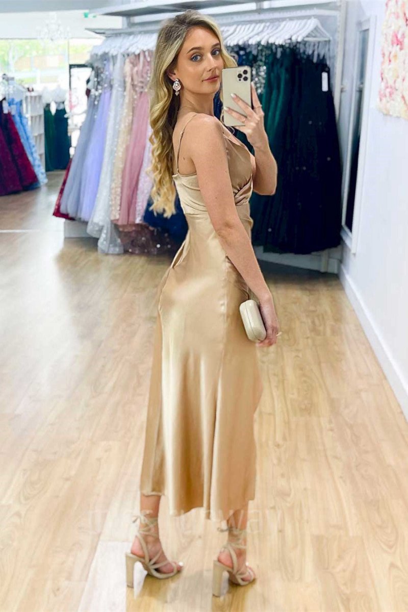 Simple V-Neck Midi Prom Dresses