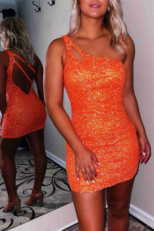 Sparkly Bodycon One Shoulder Sequins Short Homecoming Dresses with Keyhole