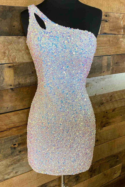 Sparkly Bodycon One Shoulder Sequins Short Homecoming Dresses with Keyhole