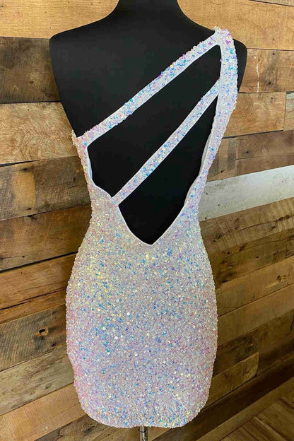 Sparkly Bodycon One Shoulder Sequins Short Homecoming Dresses with Keyhole