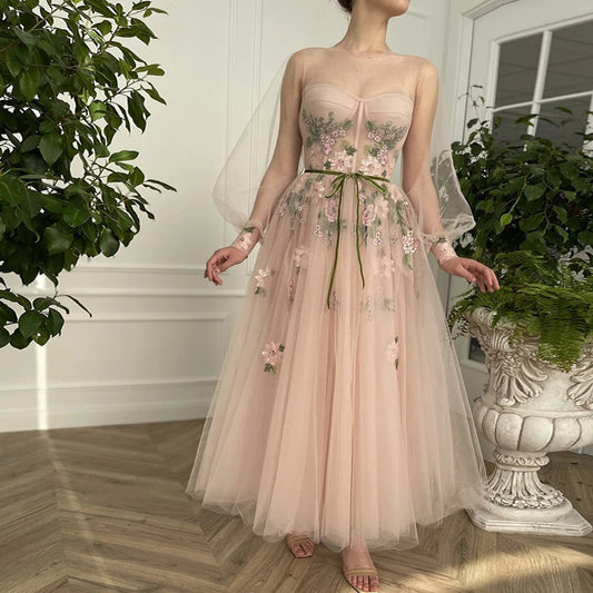 A-line Scoop Long Sleeve Tulle Prom Dresses with Floral Embroidery