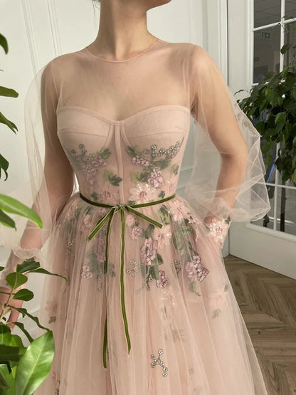 A-line Scoop Long Sleeve Tulle Prom Dresses with Floral Embroidery