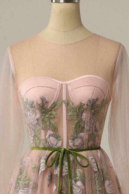 A-line Scoop Long Sleeve Tulle Prom Dresses with Floral Embroidery