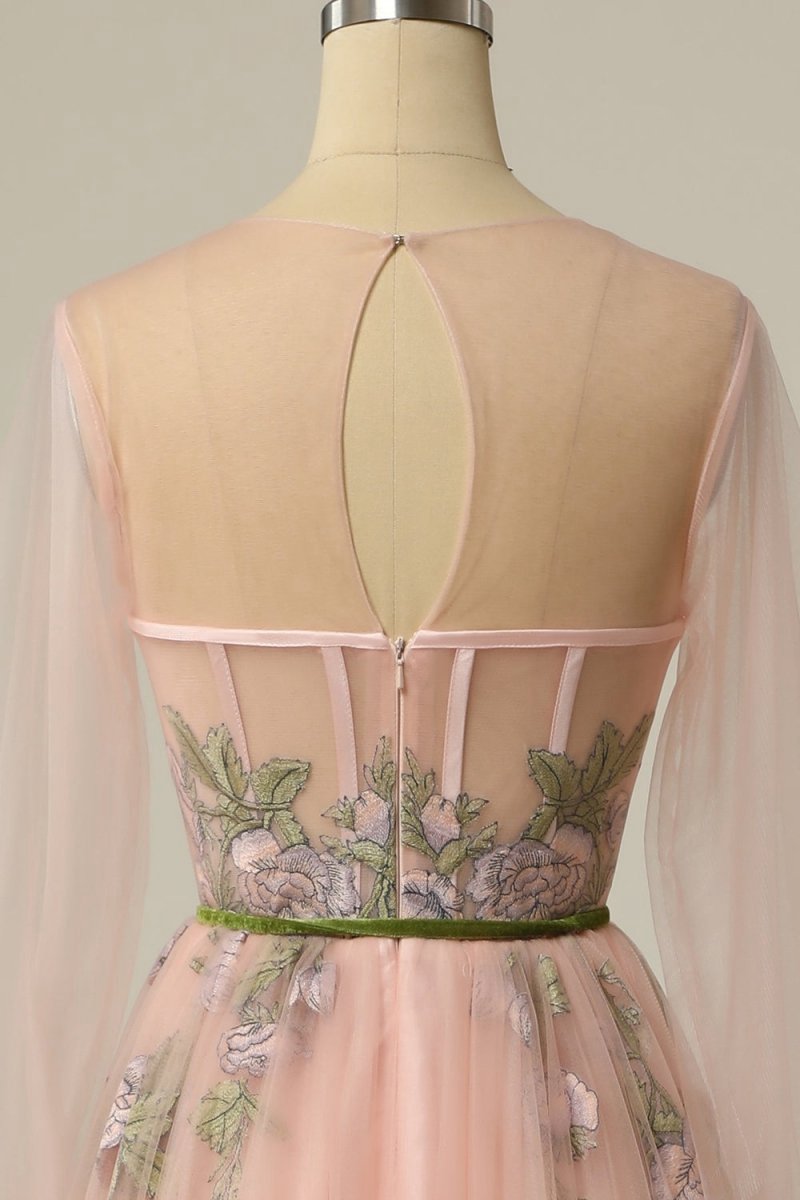 A-line Scoop Long Sleeve Tulle Prom Dresses with Floral Embroidery