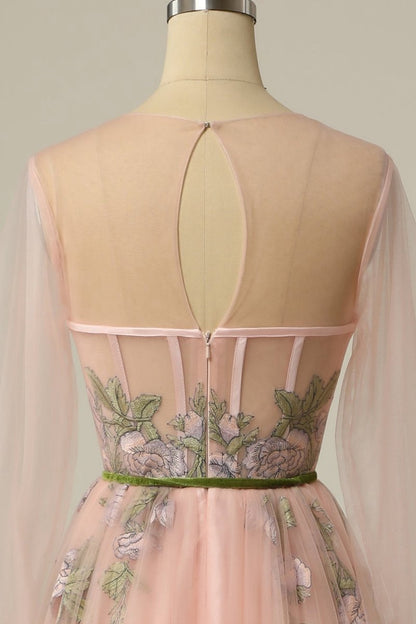 A-line Scoop Long Sleeve Tulle Prom Dresses with Floral Embroidery