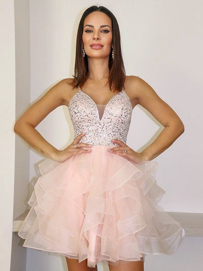 A-line V Neck Tulle Homecoming Dresses