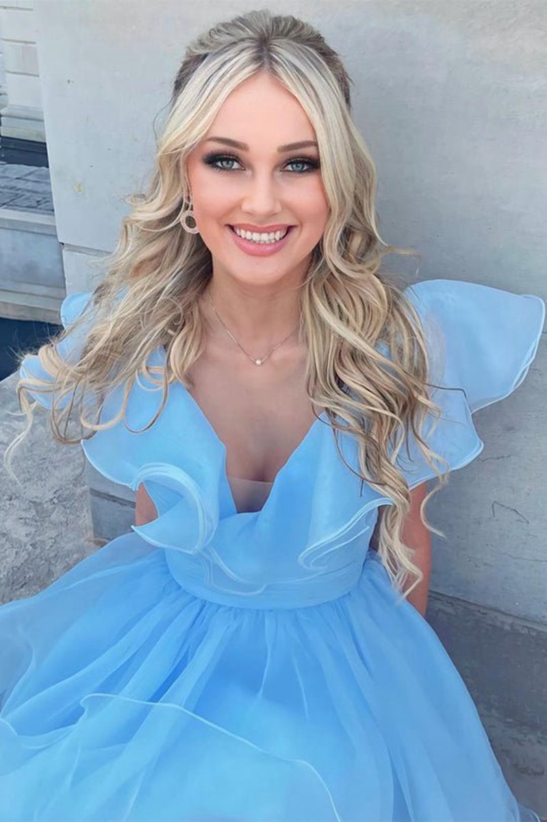 A-line V Neck Organza Ruffles Homecoming Dresses