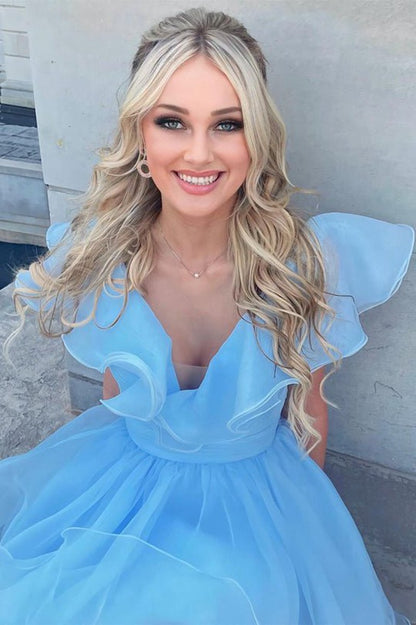 A-line V Neck Organza Ruffles Homecoming Dresses