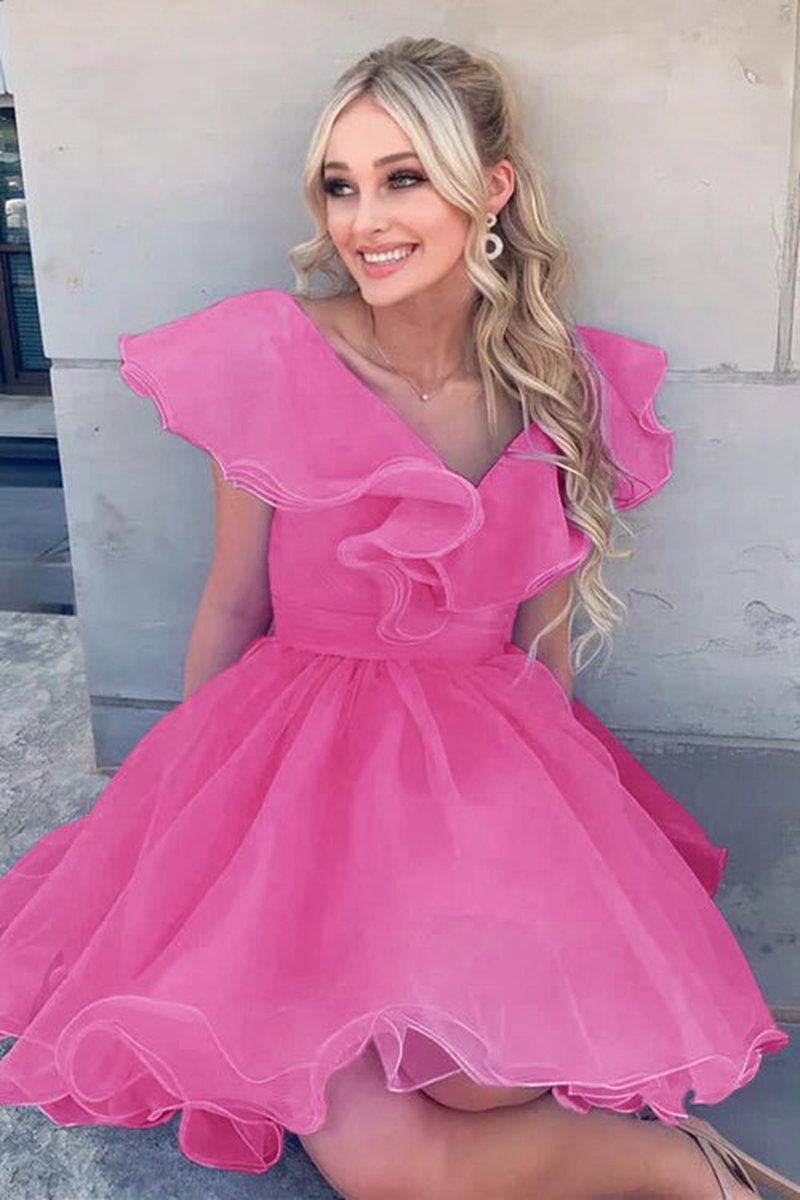 A-line V Neck Organza Ruffles Homecoming Dresses