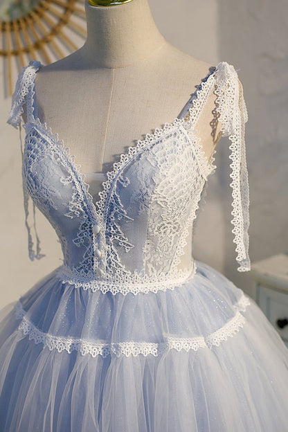 A-line Tulle Lace V Neck Homecoming Dresses