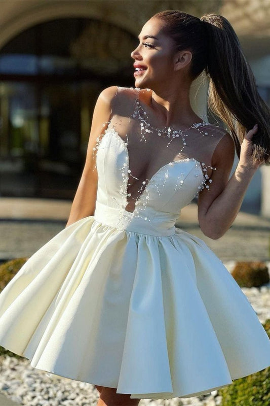 A-line Illusion Neck Short Homecoming Dresses with Beads