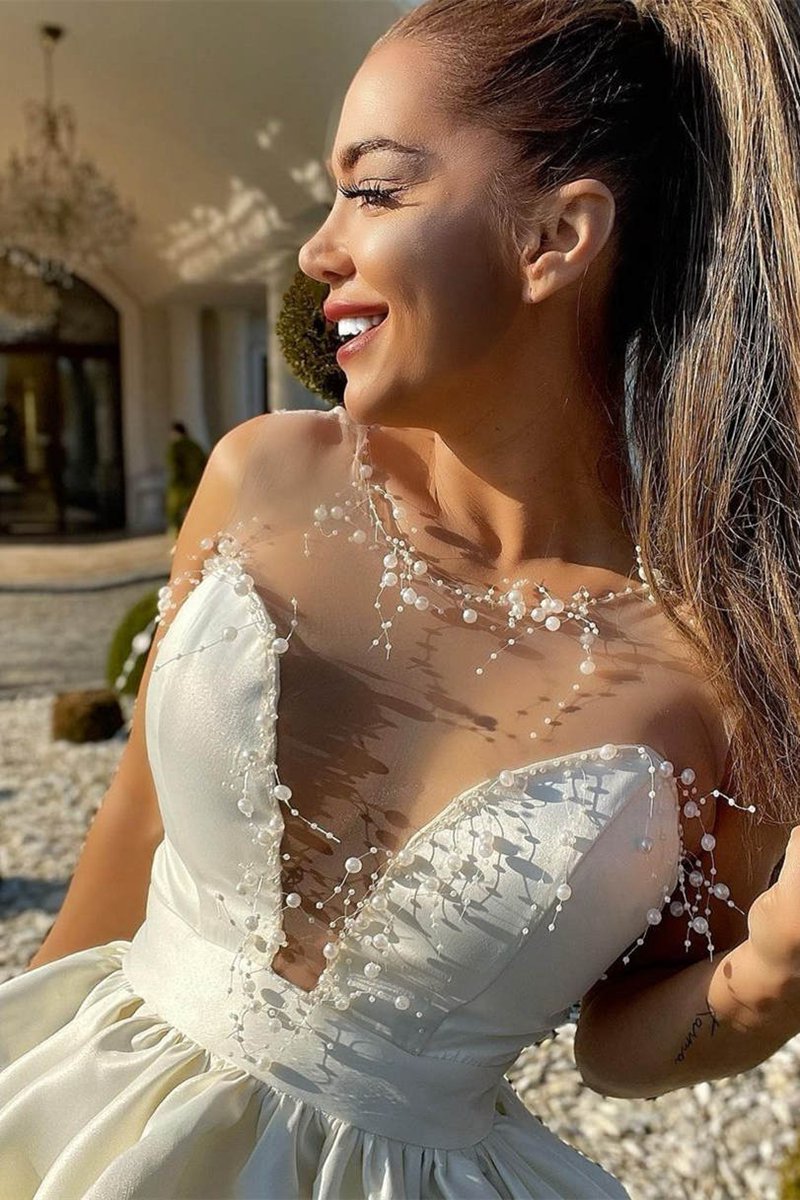 A-line Illusion Neck Short Homecoming Dresses with Beads