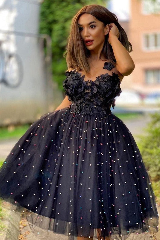 A-line Beaded Tulle Homecoming Dresses with Flowers