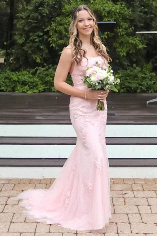 Straps Mermaid Long Prom Dresses with Appliques