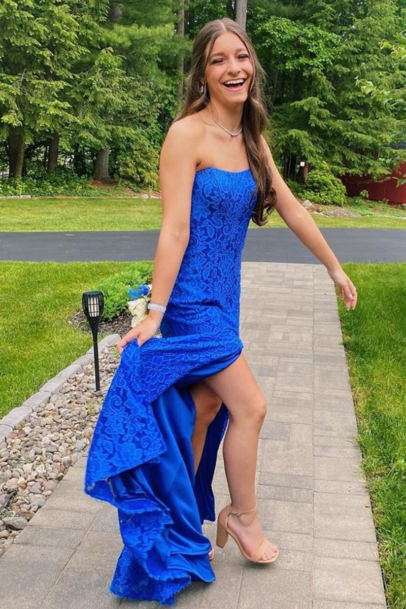 Strapless Lace Prom Dresses with Slit