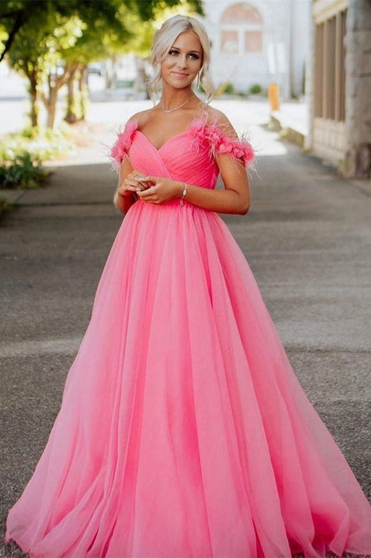 Off the Shoulder Coral Long Prom Dresses