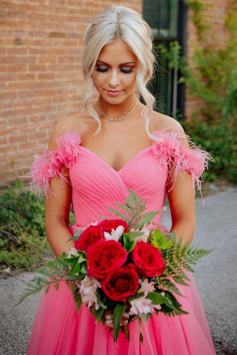 Off the Shoulder Coral Long Prom Dresses