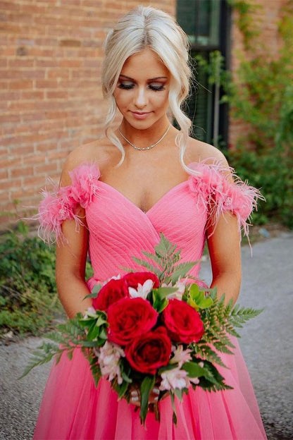 Off the Shoulder Coral Long Prom Dresses