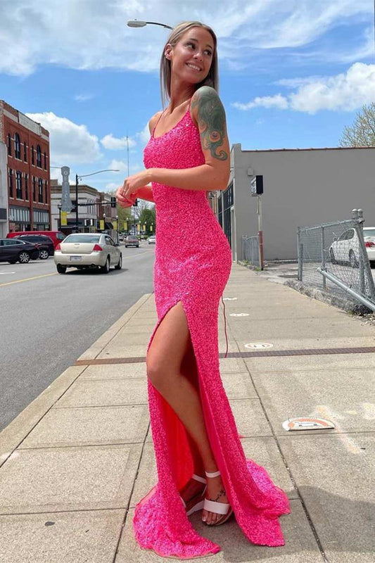 Glitter Straps Sequins Prom Gown with Slit