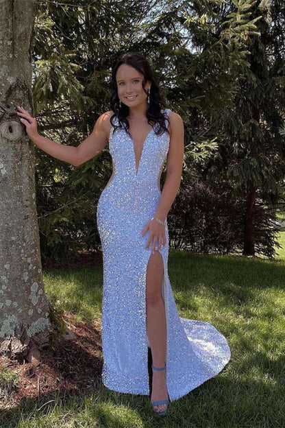 Glitter V-Neck Backless Sequins Long Mermaid Prom Dresses