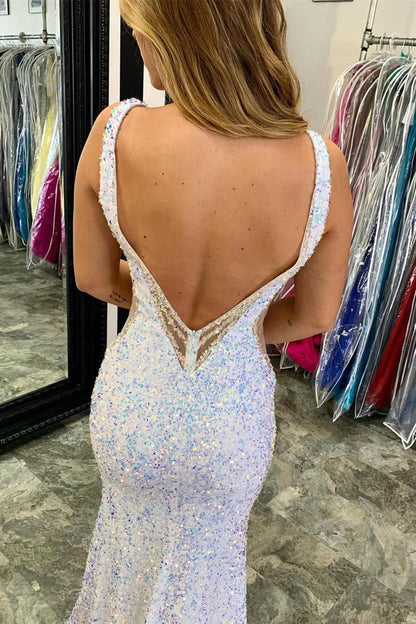 Glitter V-Neck Backless Sequins Long Mermaid Prom Dresses