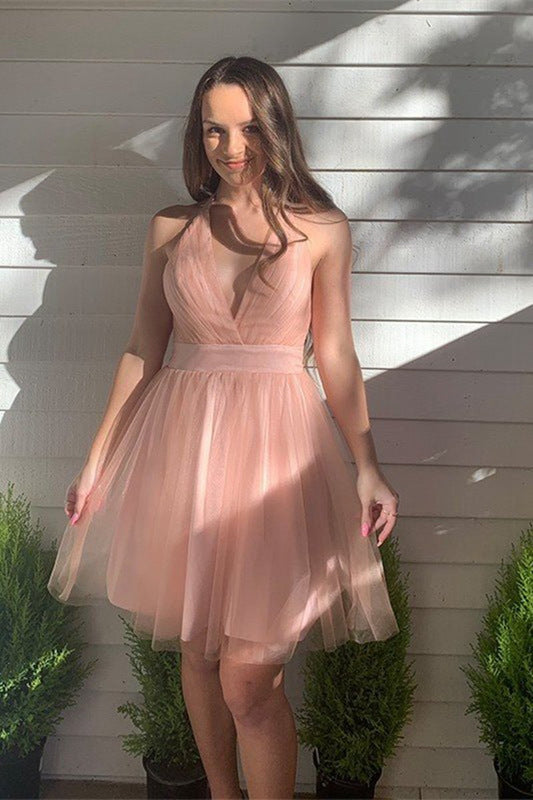 A-line Deep V-Neck Tulle Homecoming Dresses
