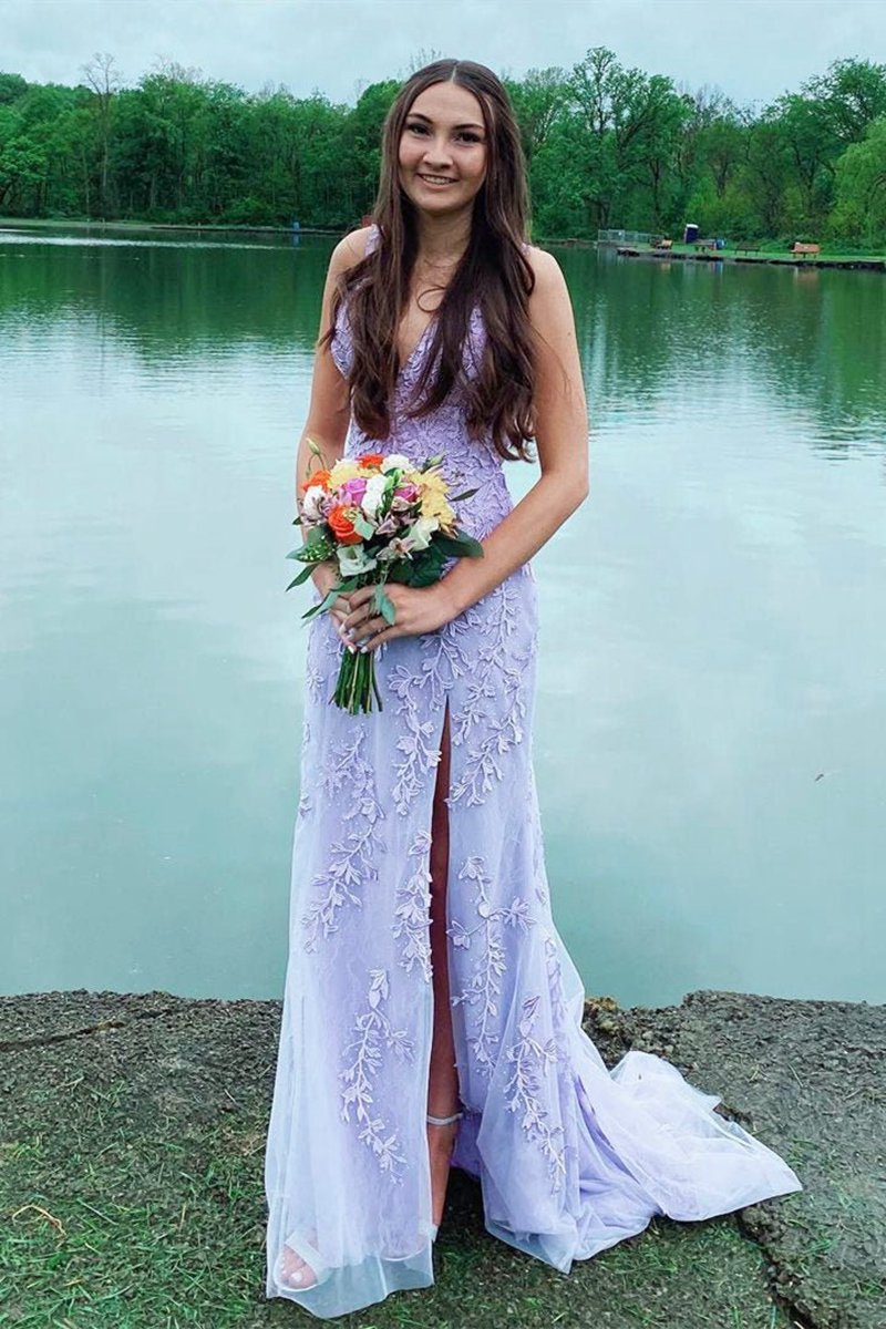 Elegant V-Neck Light long Prom Dresses with Lace Appliques