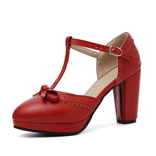 Retro Bow T-Strap High Heels Shoes