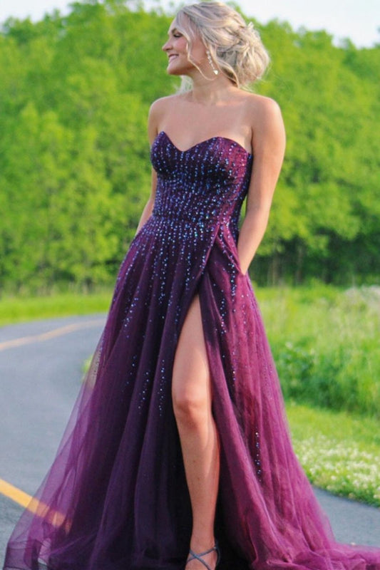Sweetheart A-line Plum Tulle Prom Dresses with Slit