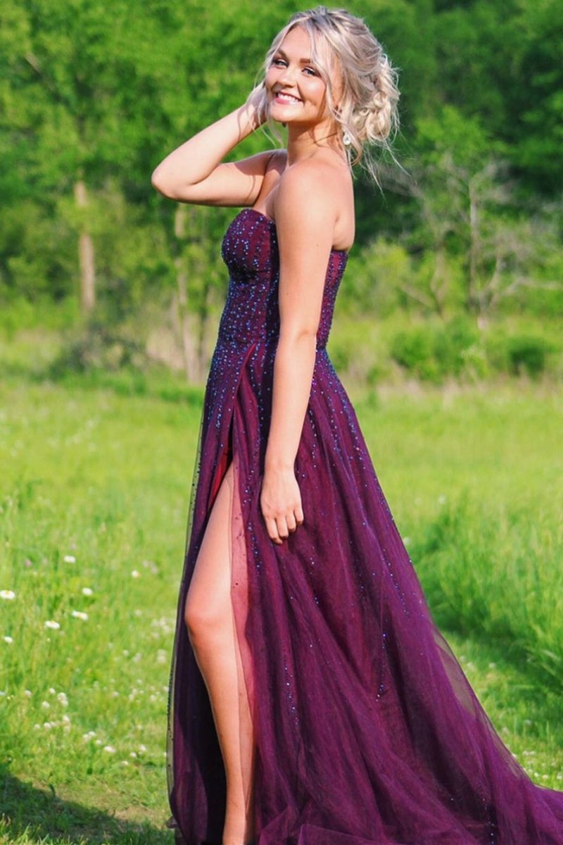 Sweetheart A-line Plum Tulle Prom Dresses with Slit