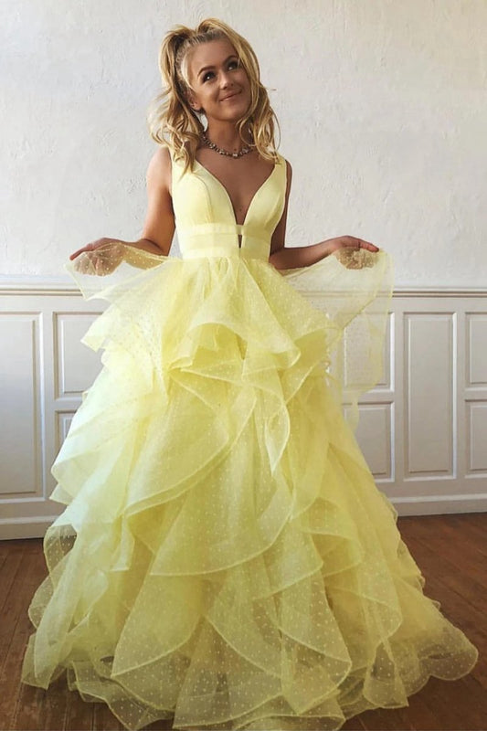 A-line V Neck Cascading Ruffles Long Prom Dresses