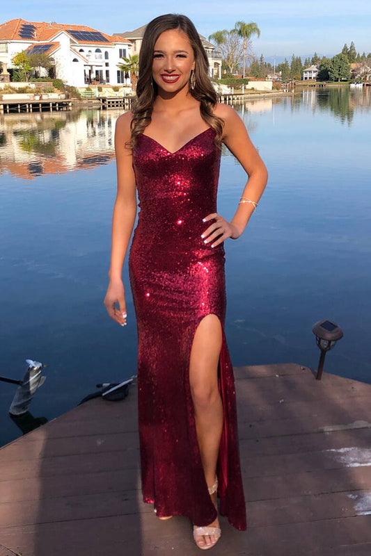 Glittery V-Neck Mermaid Long Prom Dresses