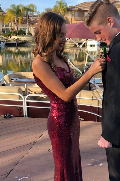 Glittery V-Neck Mermaid Long Prom Dresses