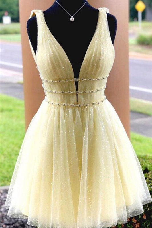 A-line Tulle V Neck Homecoming Dresses with Beading