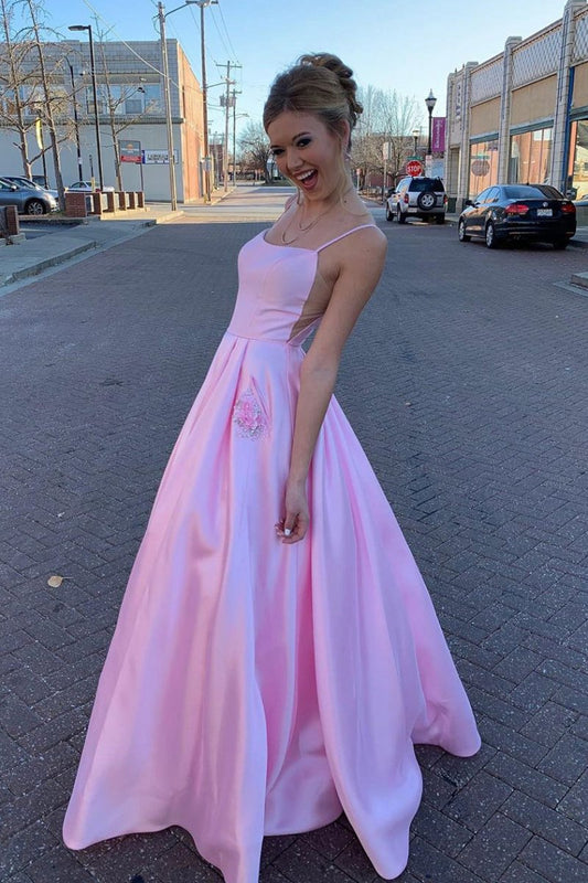 Elegant Straps A-line Long Prom Dresses with Beaded Pockets