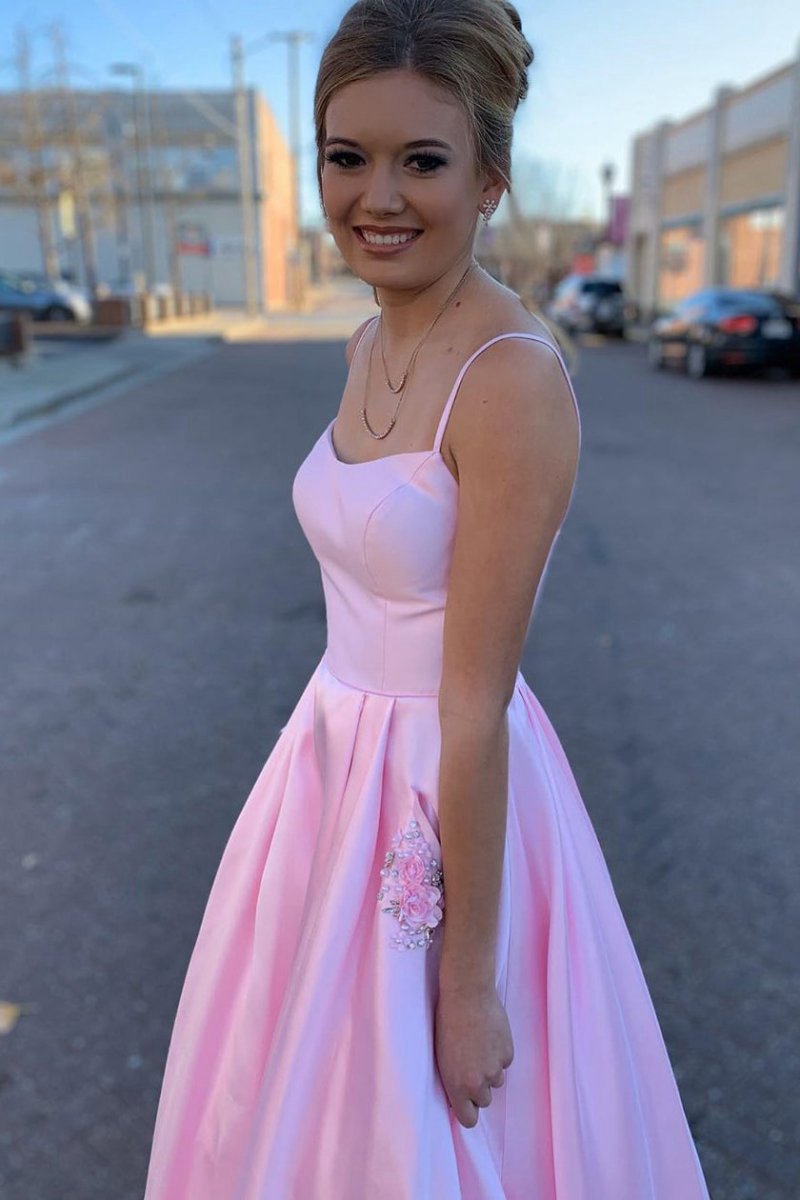 Elegant Straps A-line Long Prom Dresses with Beaded Pockets