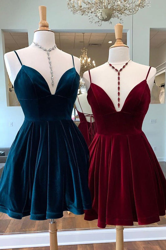A-line Velvet V Neck Homecoming Dresses