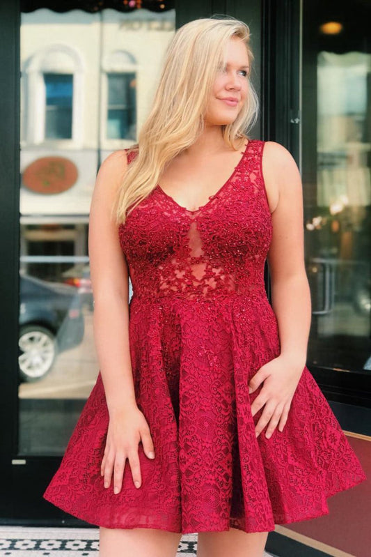 A-line Lace Homecoming Dresses with Sheer Back