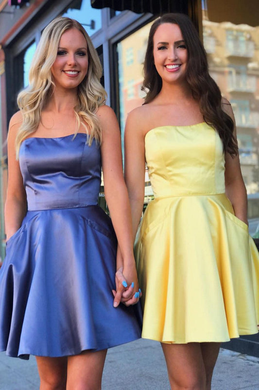 A-line Strapless Satin Homecoming Dresses with Pockets