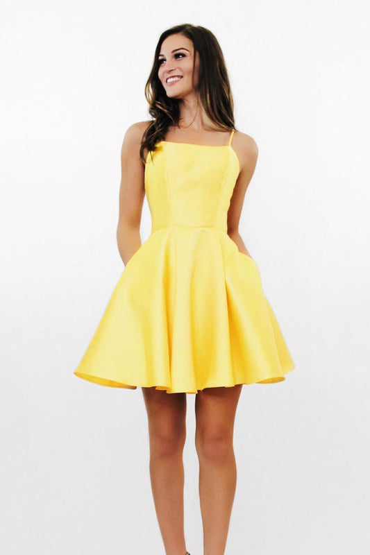 Spaghetti Straps Criss Cross Daffodil Homecoming Dresses